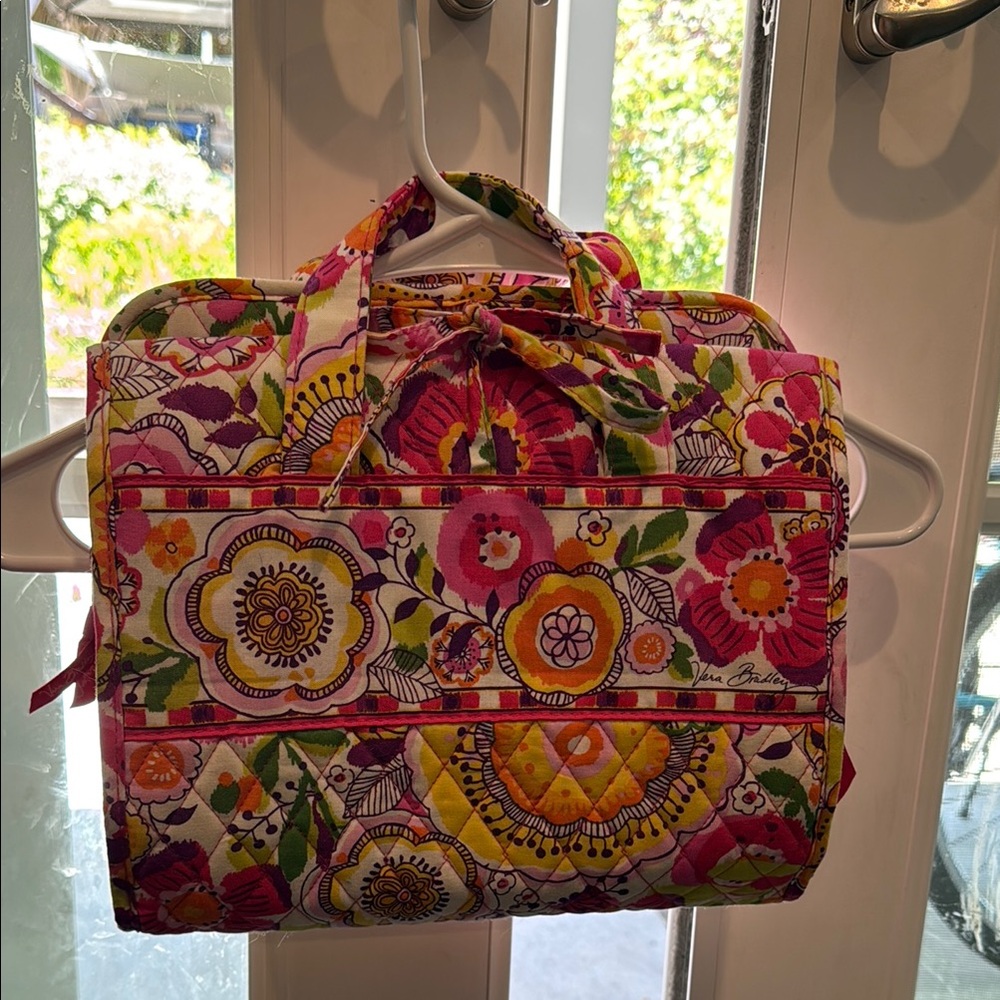 Vera Bradley Pink and Yellow Hanging Quilted Cosmetic Bag